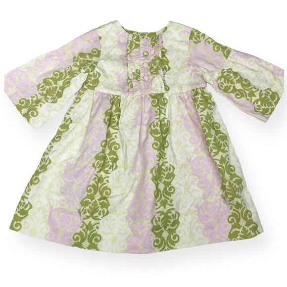 Kelly’s Kids 3-4 Cassidy Damask Bell Sleeve Dress Green Pink Ruffle Button Front - Picture 1 of 7